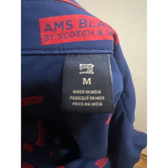 Scotch & Soda Ams Blauw Mens Short Sleeve Shirt Navy With Red Print Viscose Butt - Picture 4 of 6